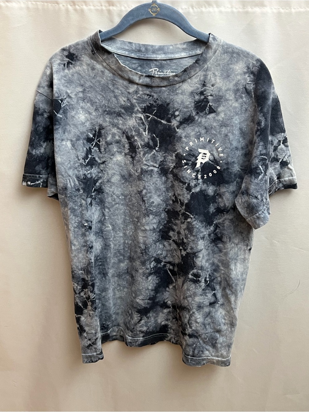 Primitive Tie Dye Graphic T-Shirt Gray Black Logo Crew Neck Short Sleeve Size S